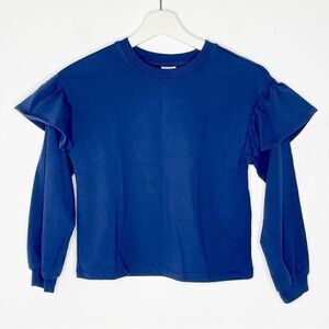 Hanna Andersson fleece lined navy blue crew neck sweat shirt with ruffles - 8